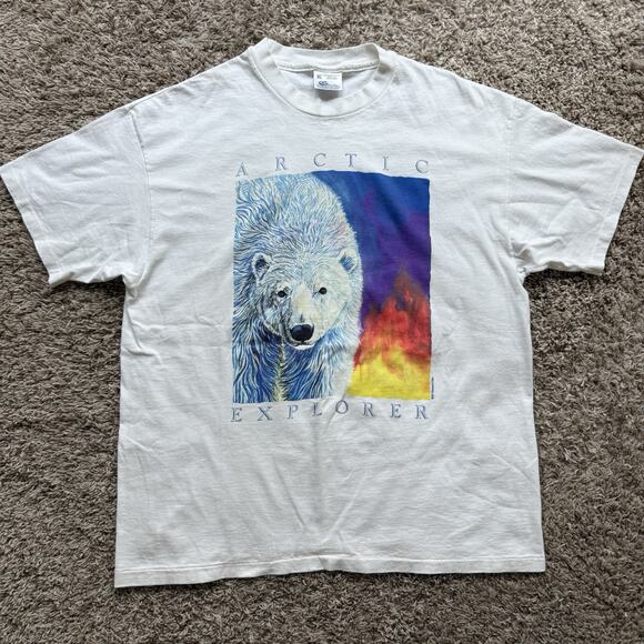 Vintage 1995 Human-i-Tees Arctic Explorer Polar Bear White Art Nature T-Shirt XL - Picture 1 of 8